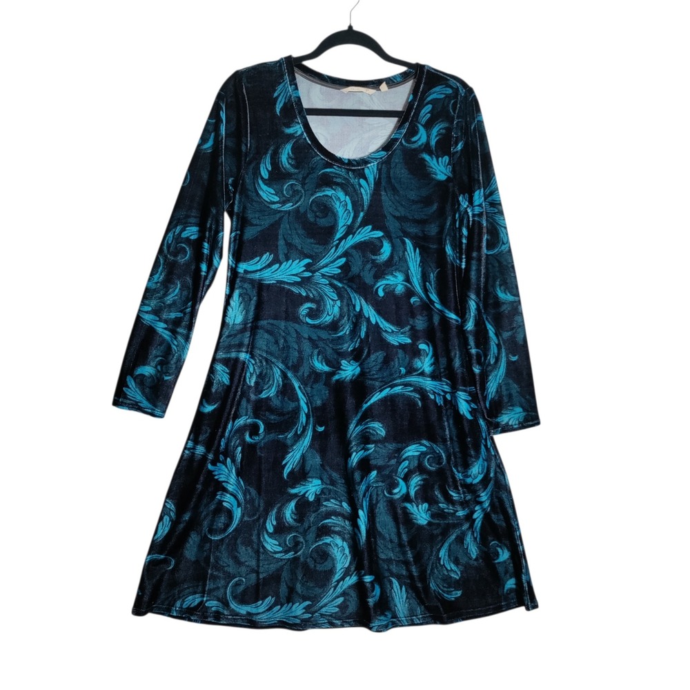 Soft Surroundings Teal Black Velvet Scroll Damask A-Line Dress‎ Small 2GR75